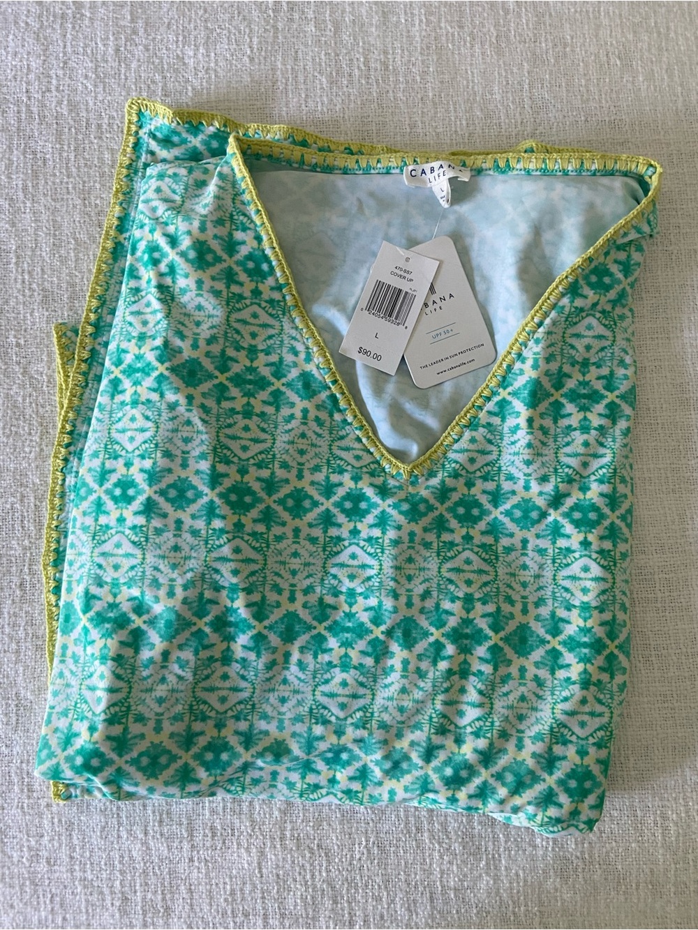 Cabana Life Aqua and Yellow Trim V-Neck Beach Cover Up UV/UPF Protection Large